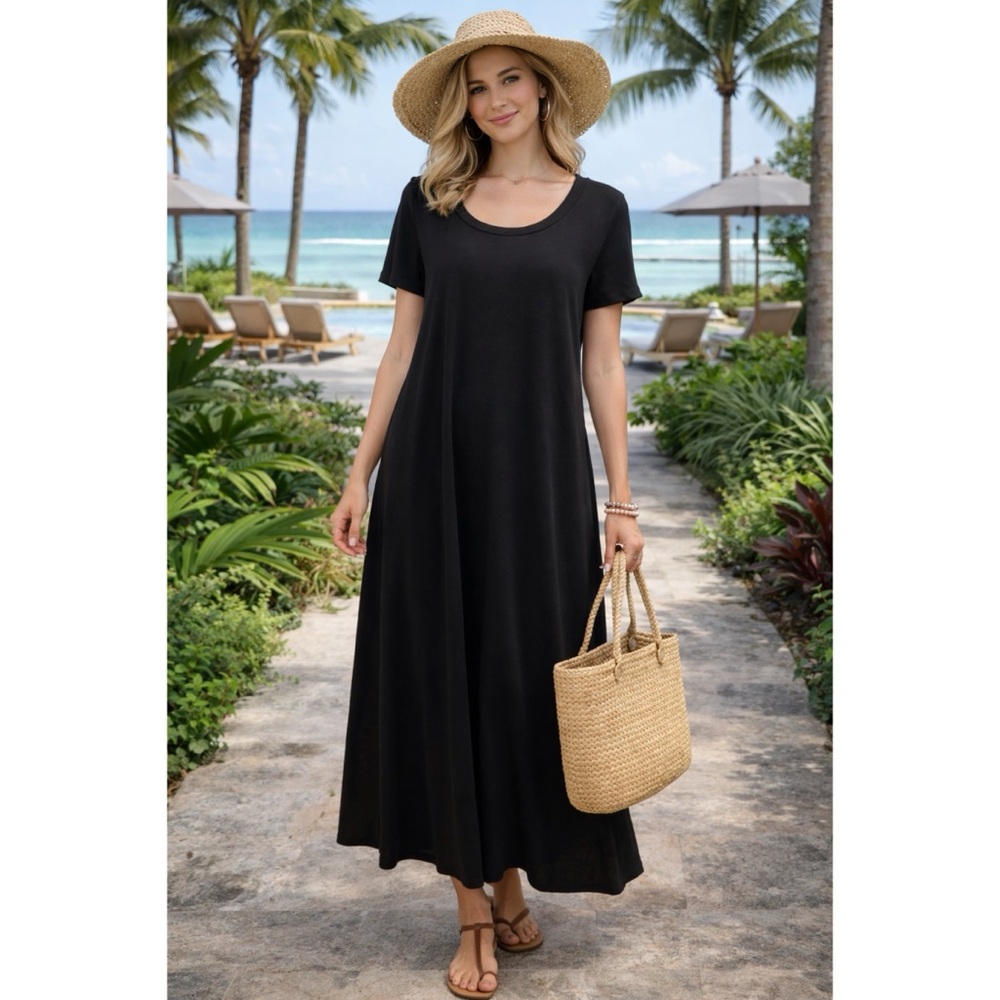 J Crew Knit T-Shirt Dress Midi Maxi Black Travel Resort Vacation NEW NWT Sz L